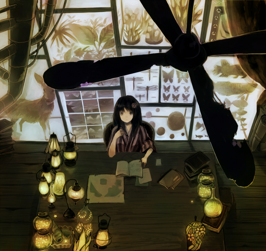 1girl aihara_fuu backlighting black_eyes black_hair book bug butterfly calligraphy_brush ceiling_fan dark deer dragonfly fish from_above frown graphite_(medium) hair_ornament highres indoors insect japanese_clothes jar kimono lantern long_hair looking_up museum original paintbrush photo_(object) pipes plant scenery seashell serious shell sitting solo star striped table traditional_media wooden_floor yukata