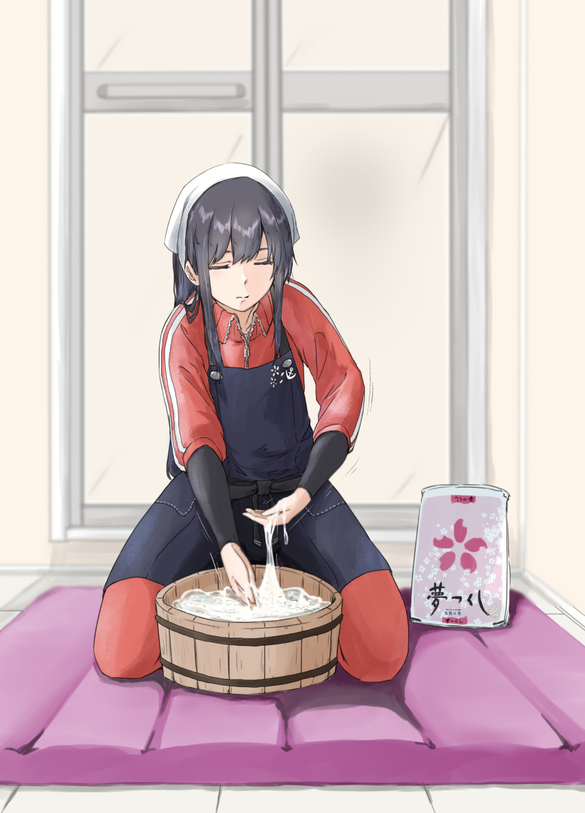 1girl air_mattress apron arm_warmers asashio_(kantai_collection) black_hair blue_apron closed_eyes collarbone commentary_request facing_viewer head_scarf highres indoors jacket kantai_collection kneeling long_hair long_sleeves lotion pants rakisuto red_jacket red_pants sliding_doors solo tile_floor tiles track_jacket translation_request very_long_hair zipper_pull_tab