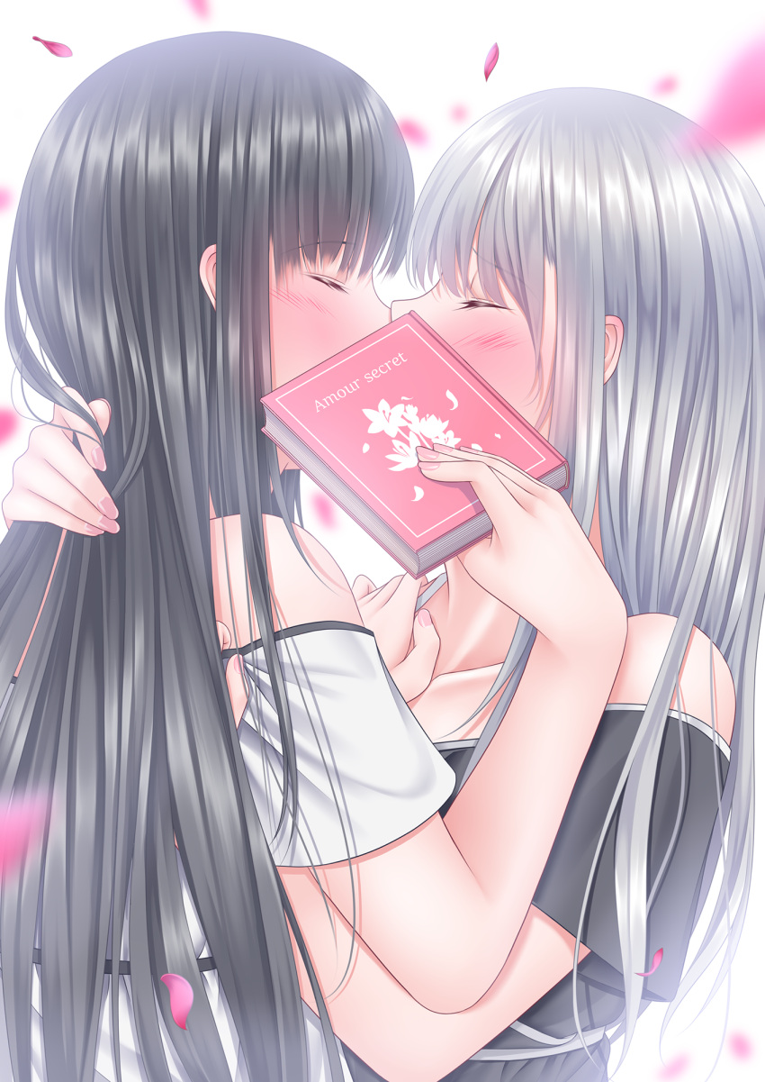 2girls bangs bare_shoulders black_hair black_shirt blunt_bangs blurry blurry_background blurry_foreground blush book closed_eyes collarbone commentary couple covering covering_kiss depth_of_field eyebrows_visible_through_hair facing_another female fingernails french hair_between_eyes hand_on_another's_shoulder highres holding holding_book hug kiss long_hair multiple_girls naginagiwaffle nose_blush off-shoulder_shirt off_shoulder original petals profile shirt short_sleeves silver_hair simple_background upper_body very_long_hair white_background white_shirt yuri