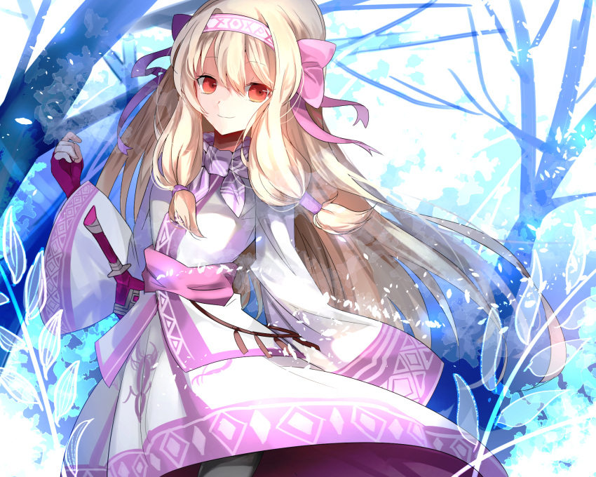 1girl ainu_clothes bangs bare_tree black_legwear blonde_hair bow closed_mouth commentary_request eyebrows_visible_through_hair fate/grand_order fate_(series) fingerless_gloves gloves hair_between_eyes hair_bow hairband hand_up head_tilt highres illyasviel_von_einzbern long_hair long_sleeves pantyhose pekerika pink_bow pink_ribbon purple_gloves red_eyes ribbon sitonai smile solo standing sword tree very_long_hair weapon white_hairband wide_sleeves