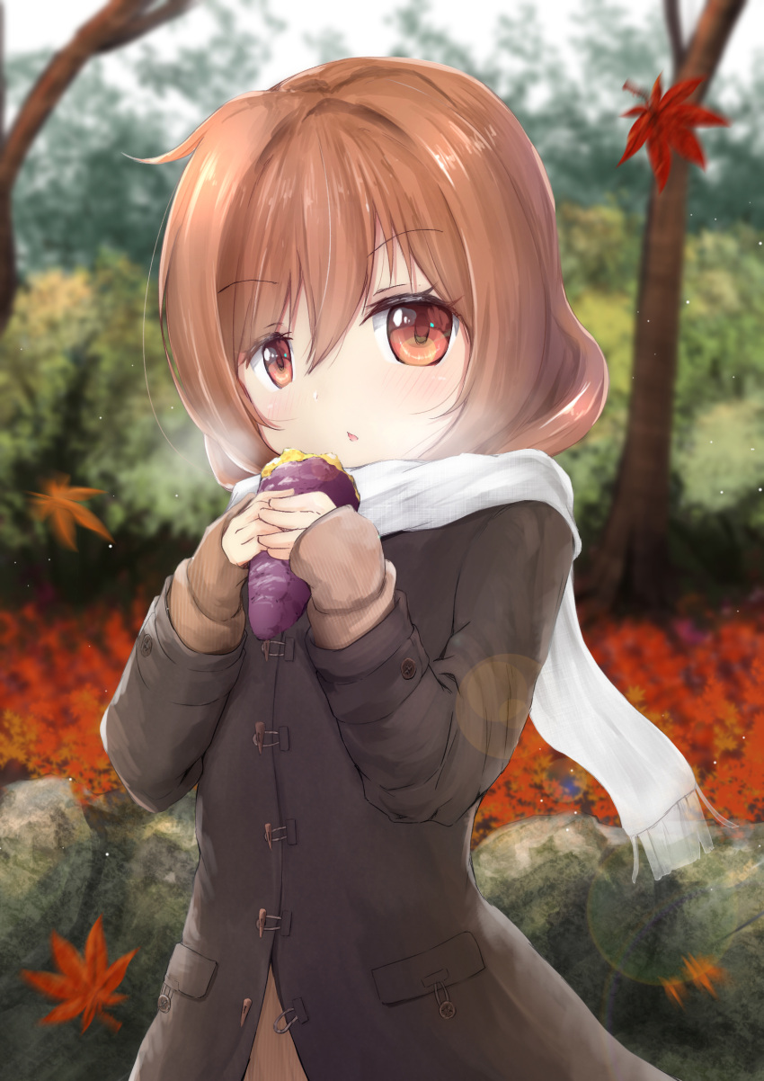 1girl autumn_leaves bangs blurry blurry_background brown_coat brown_hair brown_shirt chestnut_mouth coat commentary_request day depth_of_field eyebrows_visible_through_hair food fringe hair_between_eyes head_tilt highres holding holding_food leaf long_sleeves looking_at_viewer maple_leaf maru_shion original outdoors parted_lips red_eyes scarf shirt sleeves_past_wrists solo standing sweet_potato tree upper_body white_scarf
