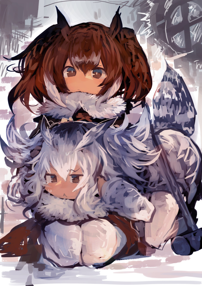 2girls :&lt; absurdres bangs bird_tail brown_eyes brown_hair brown_jacket commentary commentary_request covering_ears eurasian_eagle_owl_(kemono_friends) expressionless fur_trim grey_hair hair_between_eyes hair_wings highres jacket kaamin_(mariarose753) kemono_friends lap_pillow looking_at_viewer multicolored_hair multiple_girls northern_white-faced_owl_(kemono_friends) pantyhose seiza sitting tail tears white_hair white_jacket white_legwear window