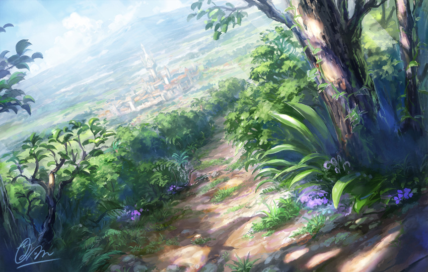 castle clouds commentary dappled_sunlight dutch_angle fantasy flower forest mountain nature no_humans original path road scenery shiki_makoto signature sky summer sunlight tree