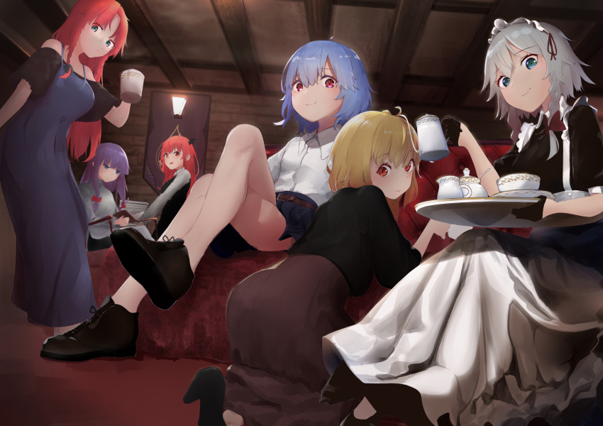 6+girls :d absurdres alternate_costume apron ass bangs bare_legs bare_shoulders belt black_dress black_footwear black_gloves black_shirt blonde_hair blue_dress blue_eyes blue_hair blue_skirt blunt_bangs book bow braid brown_skirt commentary_request couch cthlo cup demon_wings dress eyebrows_visible_through_hair flandre_scarlet gloves green_eyes hair_between_eyes hair_bow hair_ribbon hand_up head_wings high_heels highres holding holding_book holding_cup holding_teapot holding_tray hong_meiling indoors izayoi_sakuya kneeling koakuma long_hair long_sleeves looking_at_viewer maid maid_apron maid_headdress miniskirt mug multiple_girls no_hat no_headwear no_wings off-shoulder_dress off_shoulder open_mouth patchouli_knowledge pleated_skirt puffy_short_sleeves puffy_sleeves purple_hair red_bow red_eyes red_ribbon redhead remilia_scarlet ribbon shirt shoes short_hair short_sleeves silver_hair sitting skirt smile spaghetti_strap standing teacup teapot thighs touhou tray twin_braids white_apron white_shirt wing_collar wings