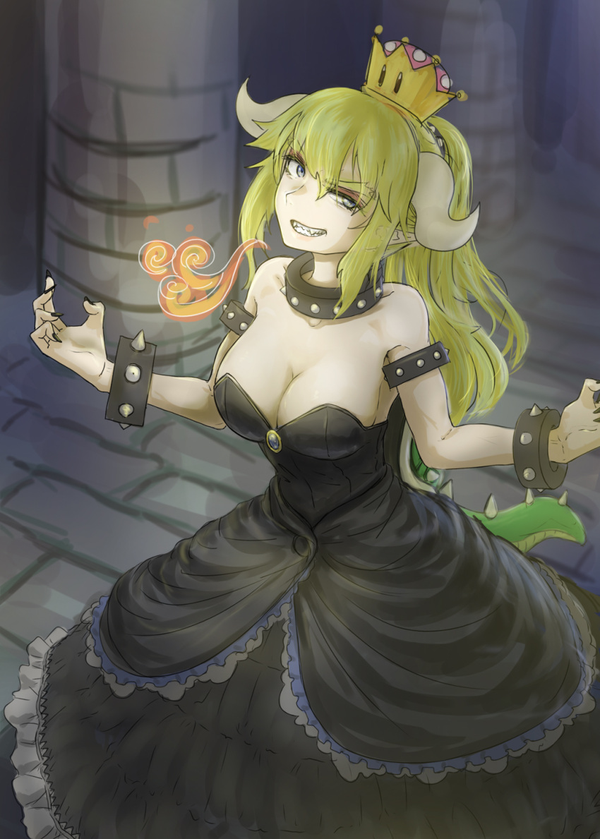 1girl black_collar black_nails blonde_hair blurry bowsette bracelet breasts breathing_fire cleavage collar collarbone column commentary crown dark depth_of_field dress fire from_above gown grey_eyes grin highres horns indoors jewelry long_hair looking_at_viewer looking_to_the_side super_mario_bros. nail_polish new_super_mario_bros._u_deluxe nintendo nito_(nshtntr) pillar ponytail sharp_teeth smile solo spiked_armlet spiked_bracelet spiked_collar spiked_shell spiked_tail spikes strapless strapless_dress super_crown teeth turtle_shell
