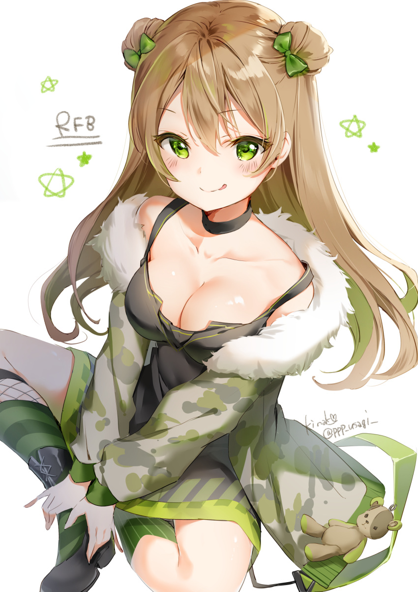 1girl :p bangs bare_shoulders black_choker black_dress black_footwear blush bow breasts brown_hair camouflage_jacket character_name choker cleavage closed_mouth collarbone commentary double_bun dress eyebrows_visible_through_hair fur-trimmed_jacket fur_trim girls_frontline green_bow green_eyes green_hair hair_between_eyes hair_bow highres jacket kneehighs long_hair long_sleeves medium_breasts mismatched_legwear multicolored_hair puffy_long_sleeves puffy_sleeves revision rfb_(girls_frontline) shiratama_akane shoes side_bun simple_background sitting sleeveless sleeveless_dress smile solo striped striped_legwear stuffed_animal stuffed_toy teddy_bear tongue tongue_out twitter_username two-tone_hair vertical-striped_legwear vertical_stripes very_long_hair white_background