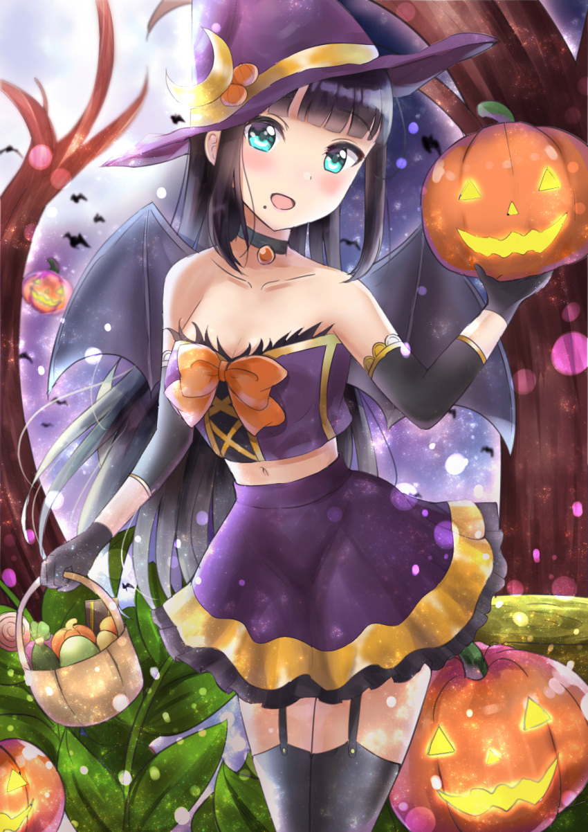 1girl :d bangs bare_shoulders bare_tree basket black_choker black_gloves black_hair black_legwear blue_eyes blunt_bangs blush candy choker collarbone commentary crescent crescent_moon_pin detached_sleeves english_commentary eyebrows_visible_through_hair food frilled_skirt frills garter_straps gloves glowing halloween hand_up hat head_tilt highres holding holding_basket jack-o'-lantern kurosawa_dia lollipop long_hair long_sleeves looking_at_viewer love_live! love_live!_sunshine!! midriff mole mole_under_mouth navel night night_sky open_mouth outdoors purple_hat purple_shirt purple_skirt shirt sin_(sin52y) skirt sky smile solo strapless swirl_lollipop thigh-highs tilted_headwear tree very_long_hair witch_hat