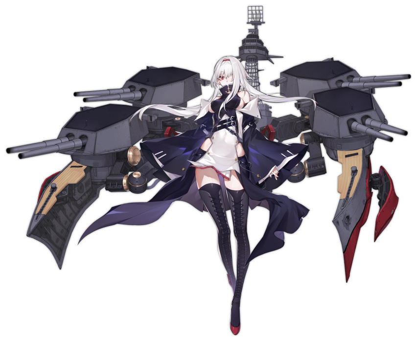1girl azur_lane boots breasts cannon chuzenji coat colorado_(azur_lane) cross-laced_footwear dress gluteal_fold hair_over_one_eye highres jacket_on_shoulders long_hair long_sleeves looking_at_viewer machinery mast medium_breasts official_art pale_skin red_eyes rigging sideboob sleeveless sleeveless_dress solo standing thigh-highs thigh_boots turret white_hair