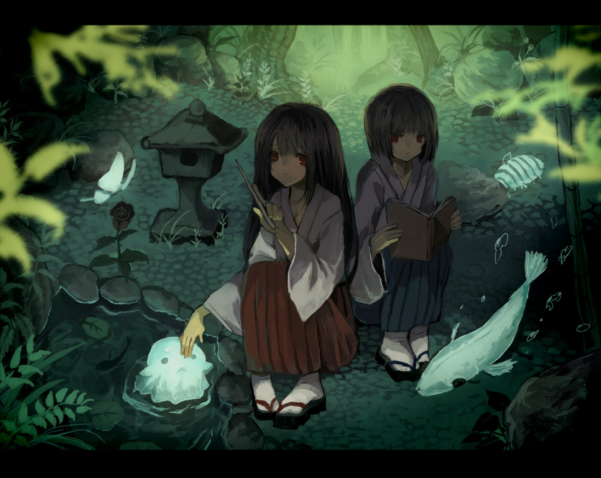 1boy 1girl aihara_fuu bamboo black_hair blurry book breasts bubble bug butterfly calligraphy_brush cleavage commentary creature dark depth_of_field fish flower forest grass hakama highres index_finger_raised insect japanese_clothes letterboxed long_hair looking_at_another magic nature open_mouth original outdoors paintbrush pigeon-toed pond red_eyes short_hair silhouette sitting stone_lantern tabi tree water zouri