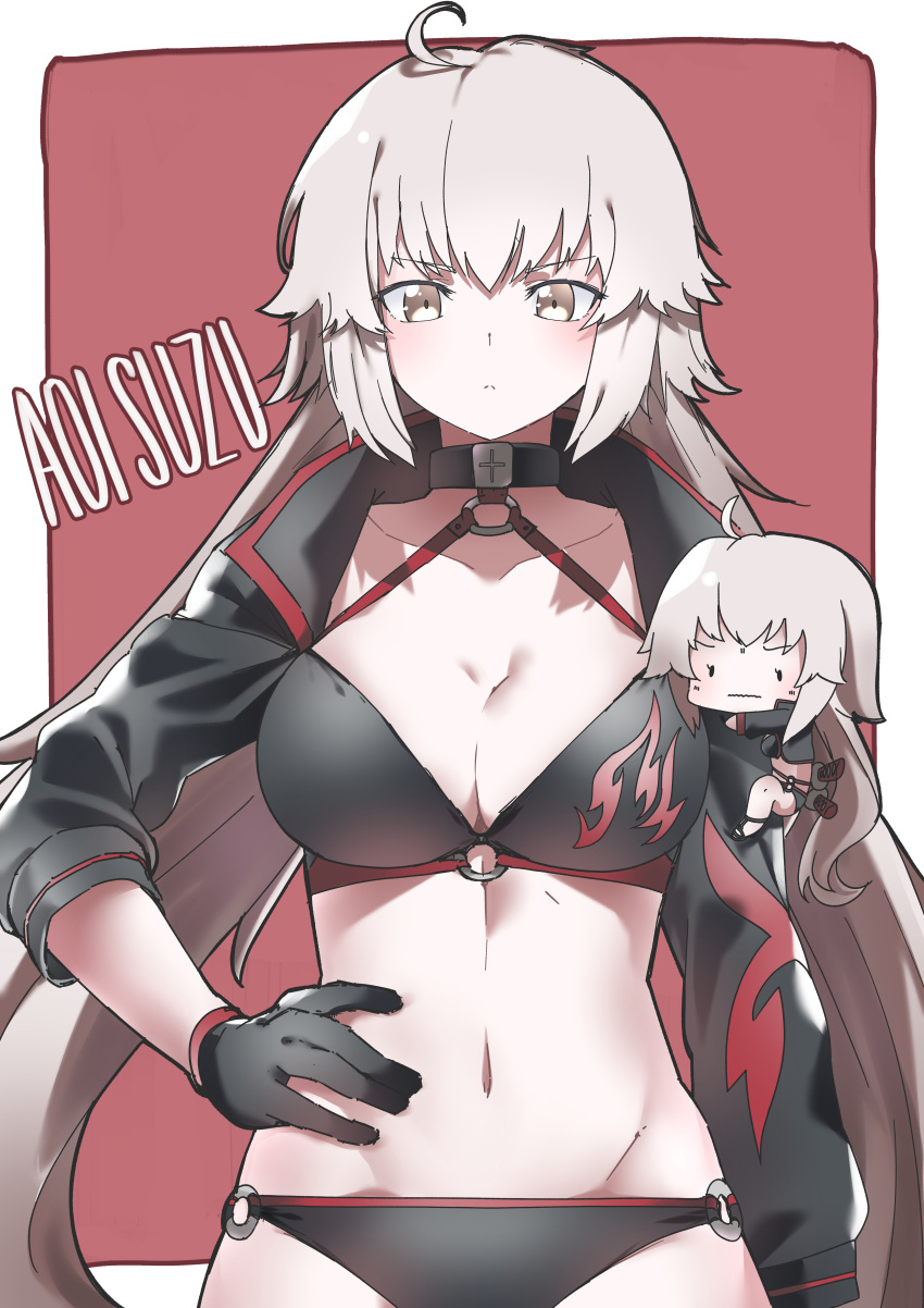 1girl absurdres ahoge aoi_suzu artist_name bangs bikini black_bikini black_choker black_gloves black_jacket breasts chibi choker cleavage commentary_request cowboy_shot cropped_jacket eyebrows_visible_through_hair fate/grand_order fate_(series) gloves hair_between_eyes highres jacket jeanne_d'arc_(alter_swimsuit_berserker) jeanne_d'arc_(fate)_(all) katana large_breasts long_hair looking_at_viewer navel o-ring o-ring_bottom o-ring_top shrug_(clothing) silver_hair swimsuit sword thigh_strap waist weapon yellow_eyes