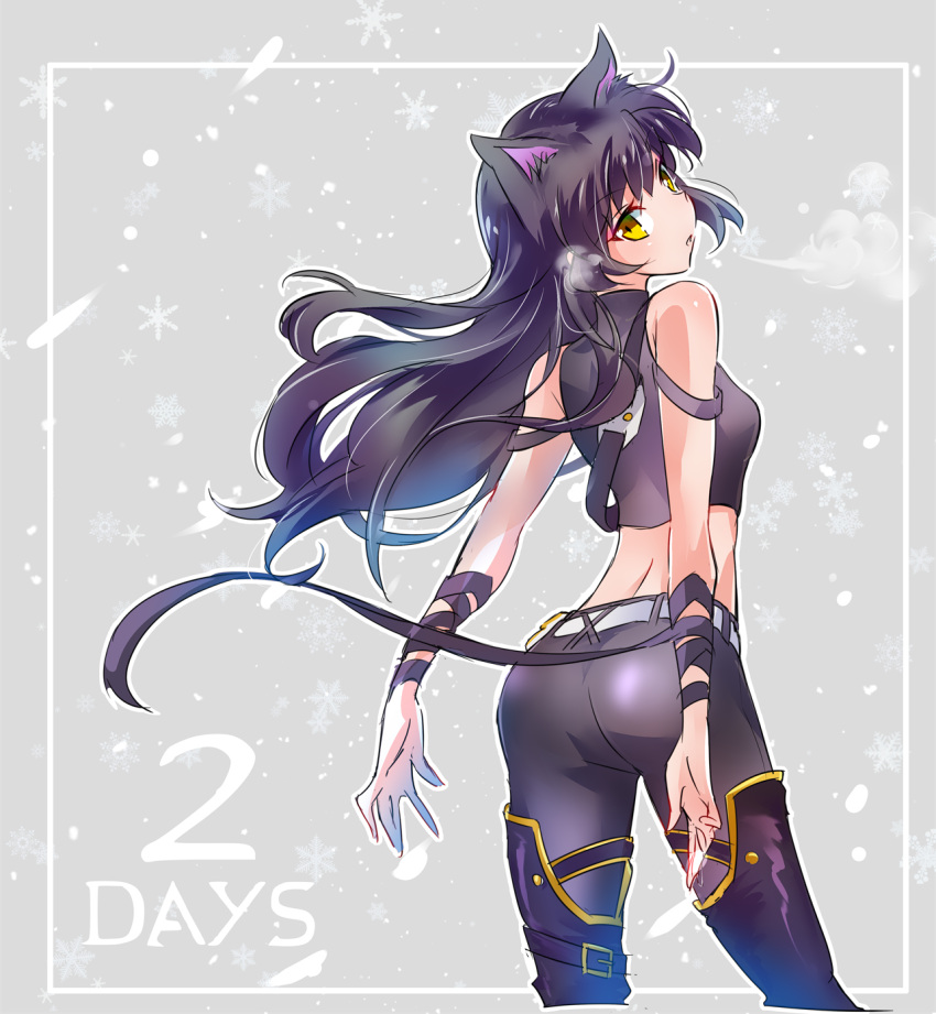 1girl animal_ears arm_ribbon back bare_shoulders black_hair blake_belladonna cat_ears highres iesupa long_hair midriff ribbon rwby shirt sleeveless sleeveless_shirt solo vest yellow_eyes