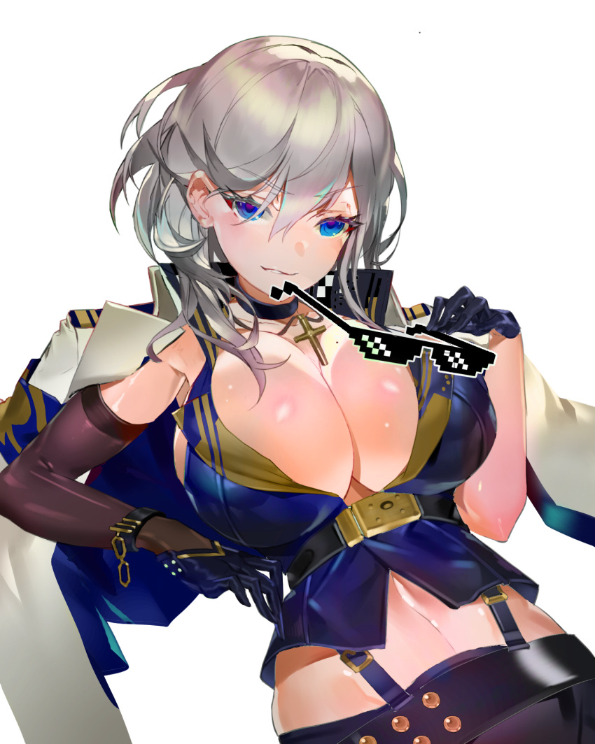 1girl azur_lane black_gloves blue_eyes blush breasts choker cross cross_necklace deal_with_it gloves hair_between_eyes highres j_na jewelry large_breasts looking_at_viewer midriff navel necklace parted_lips short_hair silver_hair simple_background smile solo sunglasses washington_(azur_lane) white_background