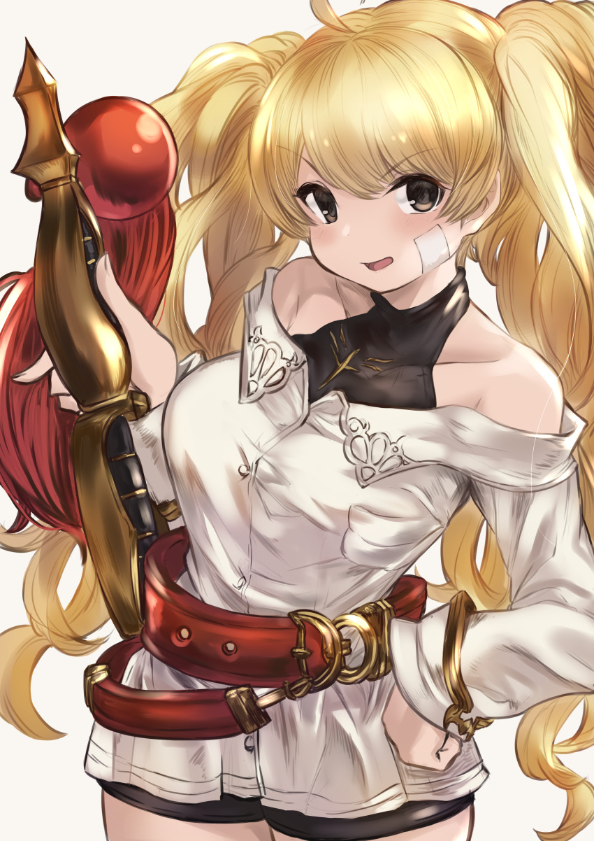 1girl absurdres ahoge alternate_costume bandaid bandaid_on_face bare_shoulders belt blonde_hair blush breasts brown_eyes collarbone commentary_request cygames granblue_fantasy hand_on_hip hand_on_weapon highres long_hair long_sleeves looking_at_viewer maou_(maoudaisukiya) monica_weisswind open_mouth simple_background solo sword twintails weapon white_background