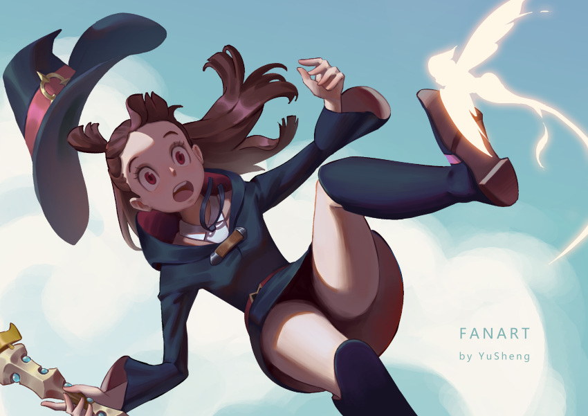 1girl absurdres artist_name blue_sky boots brown_hair falling hat highres kagari_atsuko knee_boots little_witch_academia long_hair looking_at_viewer red_eyes school_uniform shiny_rod sky solo witch witch_hat yusheng