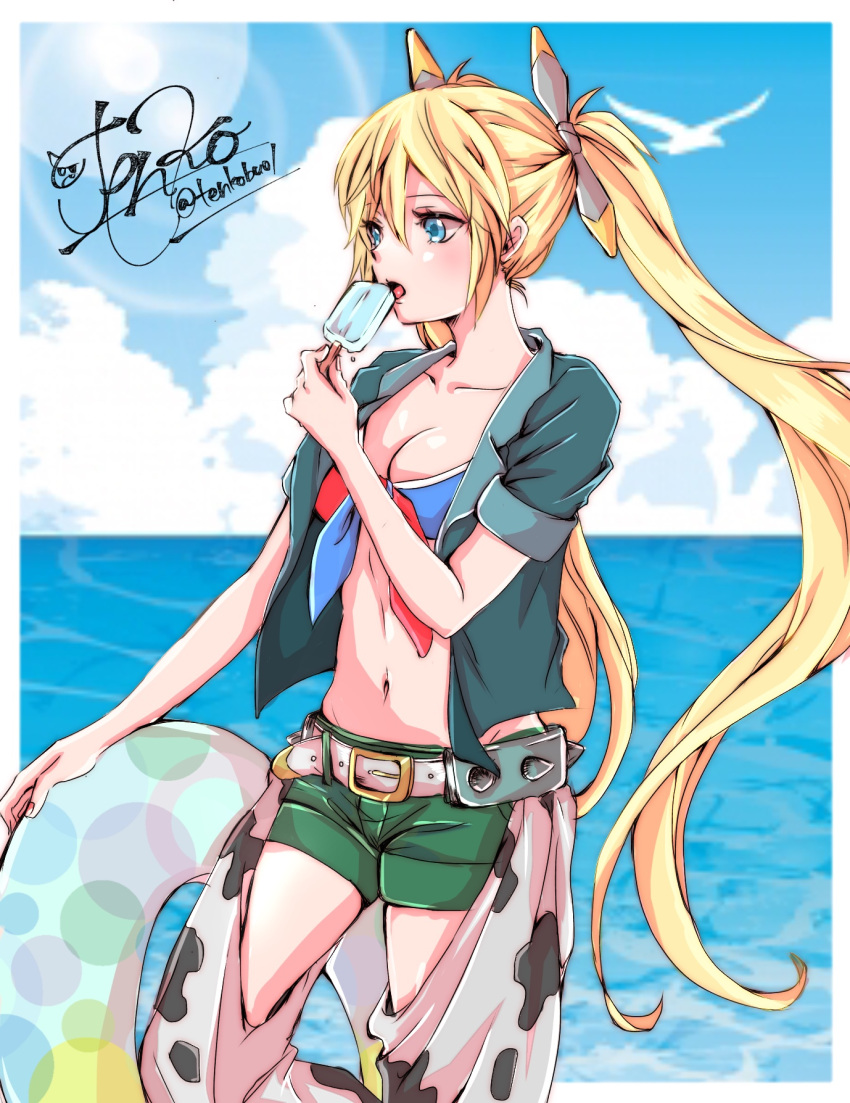 1girl belt bird blonde_hair blue_eyes blue_sky breasts cleavage clouds collarbone day eosinophil_(hataraku_saibou) floating_hair food front-tie_bikini front-tie_top grey_shirt hair_between_eyes hair_ornament highres holding holding_food ice_cream innertube long_hair medium_breasts midriff navel ocean open_clothes open_mouth open_shirt outdoors shiny shiny_skin shirt short_shorts short_sleeves shorts sky solo stomach tenkobu01 twintails very_long_hair