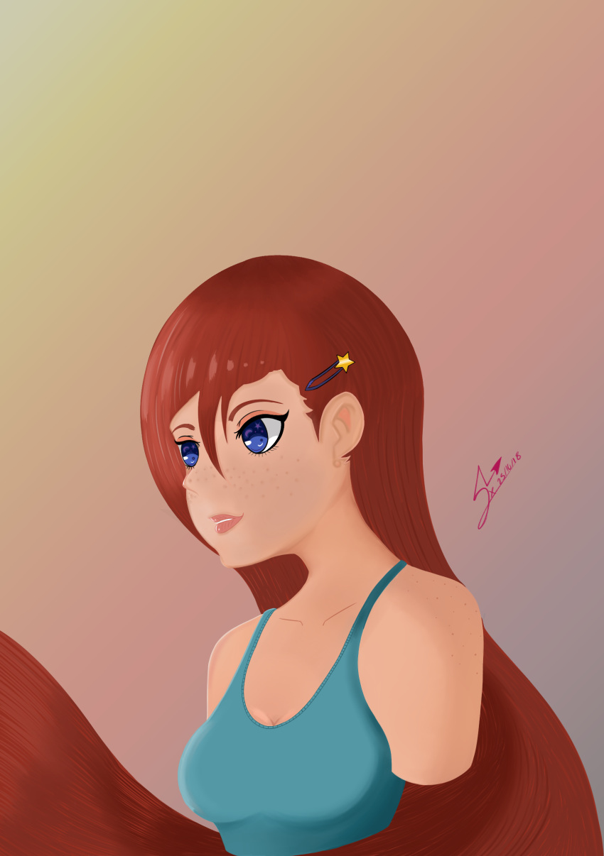 1girl absurdres aqua_tank_top bare_shoulders blue_eyes breasts brown_hair caucasian cleavage cropped_arms freckles hair_ornament highres long_hair md5_mismatch medium_breasts no_lineart non-asian original redhead resized self_upload serlex signature solo tank_top upper_body upscaled very_long_hair