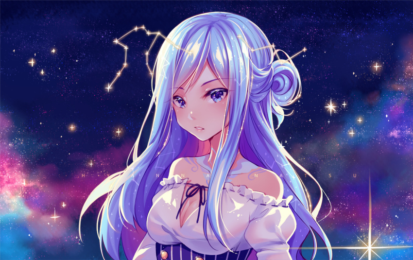 1girl artist_name bangs bare_shoulders blue_eyes blue_hair borrowed_character breasts cleavage collarbone commission constellation corset eyebrows_visible_through_hair frills hair_bun hyanna-natsu lens_flare long_hair looking_at_viewer medium_breasts off_shoulder original parted_bangs parted_lips ribbon_trim shiny shiny_hair side_bun sky solo star_(sky) starry_sky upper_body