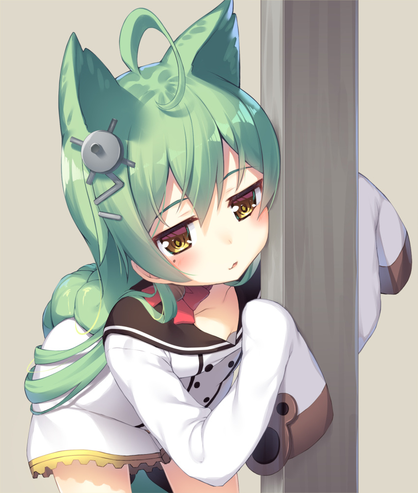 1girl ahoge akashi_(azur_lane) animal_ears arm_up azur_lane bangs bell blush bow braid breasts brown_background brown_eyes brown_sailor_collar cat_ears collarbone commentary_request cowboy_shot downblouse dress eyebrows_visible_through_hair green_hair hair_between_eyes hair_ornament hand_up head_tilt highres jingle_bell leaning_forward long_hair long_sleeves looking_at_viewer olive_(laai) red_bow sailor_collar sidelocks simple_background single_braid sleeves_past_fingers sleeves_past_wrists small_breasts solo very_long_hair white_dress