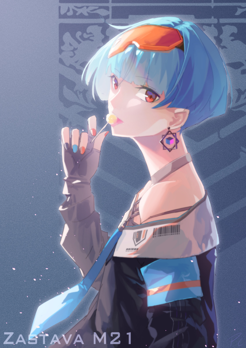 1girl absurdres arm_at_side bangs black_nails blue_background blue_hair blue_nails blue_neckwear blunt_bangs candy character_name earrings fingerless_gloves food girls_frontline gloves goggles goggles_on_head hand_up highres jewelry lollipop migime_no_yuugure nail_polish necktie red_eyes red_nails short_hair solo upper_body zas_m21_(girls_frontline)