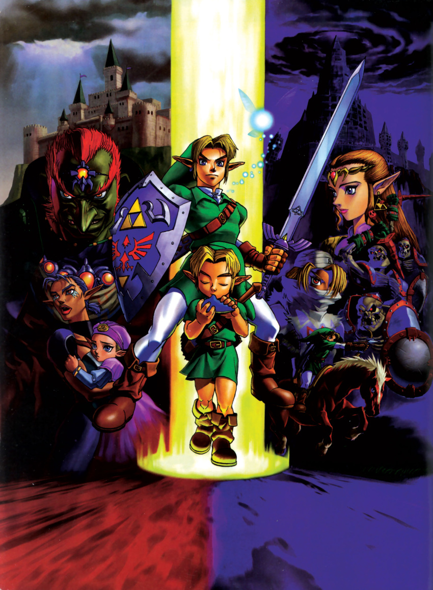 androgynous belt boots bow_(weapon) castle cloud clouds dual_persona earrings epona ganondorf gerudo highres impa instrument jewelry link master_sword navi nintendo ocarina ocarina_of_time official_art pointy_ears princess_zelda reverse_trap sheik shield skeleton stalfos stalfos_knight sword the_legend_of_zelda tiara weapon young_link