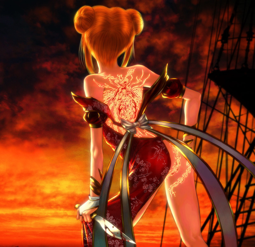 ass back backpiece bare_back bare_shoulders blonde_hair blood chinese_clothes cloud double_bun dress evening from_behind hands_on_hips highres knife legs original reverse_grip s_zenith_lee sky solo tattoo