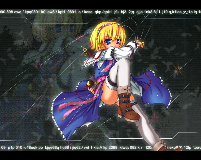 alice_margatroid bangs belt blonde_hair blue_dress blue_eyes book boots buckle capelet dress etogami_kazuya frills hairband jewelry jumping key looking_at_viewer panties pendant ring sash shiny shiny_clothes short_hair socks straight_hair string thigh-highs thighhighs thighs touhou underwear wallpaper white_legwear zoom_layer