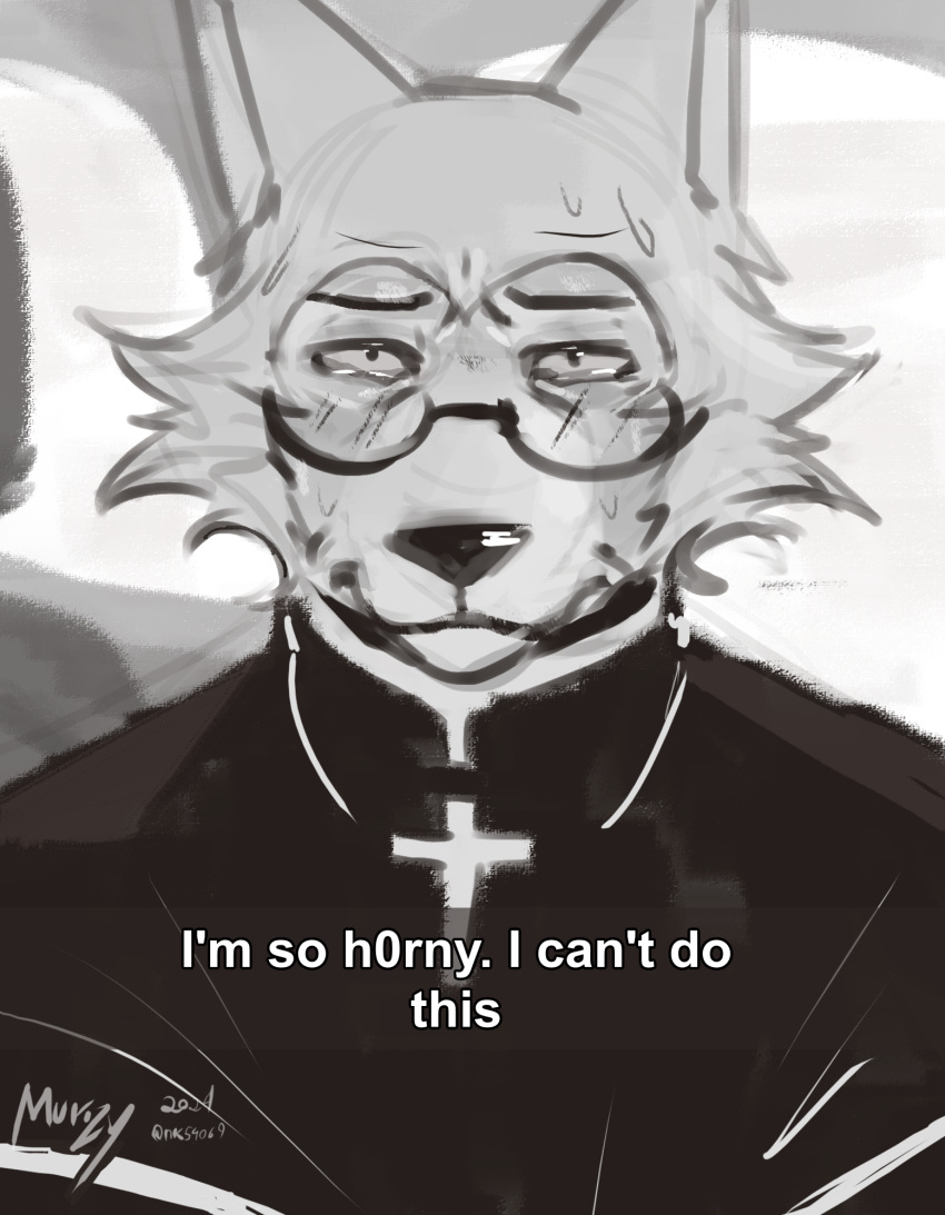 1boy animal_ears artist_name beastars cross dated english_commentary english_text furry furry_male greyscale highres legoshi male_focus meme monochrome murizy_(nk54069) priest round_eyewear sweat twitter_username wolf_boy wolf_ears