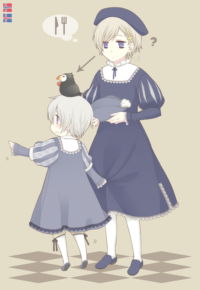 2boys ? ahoge arrow axis_powers_hetalia bird blonde_hair blue_eyes child fork hat hat_removed headwear_removed highres iceland_(hetalia) icelandic_flag knife male_focus multiple_boys norway_(hetalia) norwegian_flag puff_and_slash_sleeves puffin puffy_sleeves ribbon thought_bubble usapon54 younger