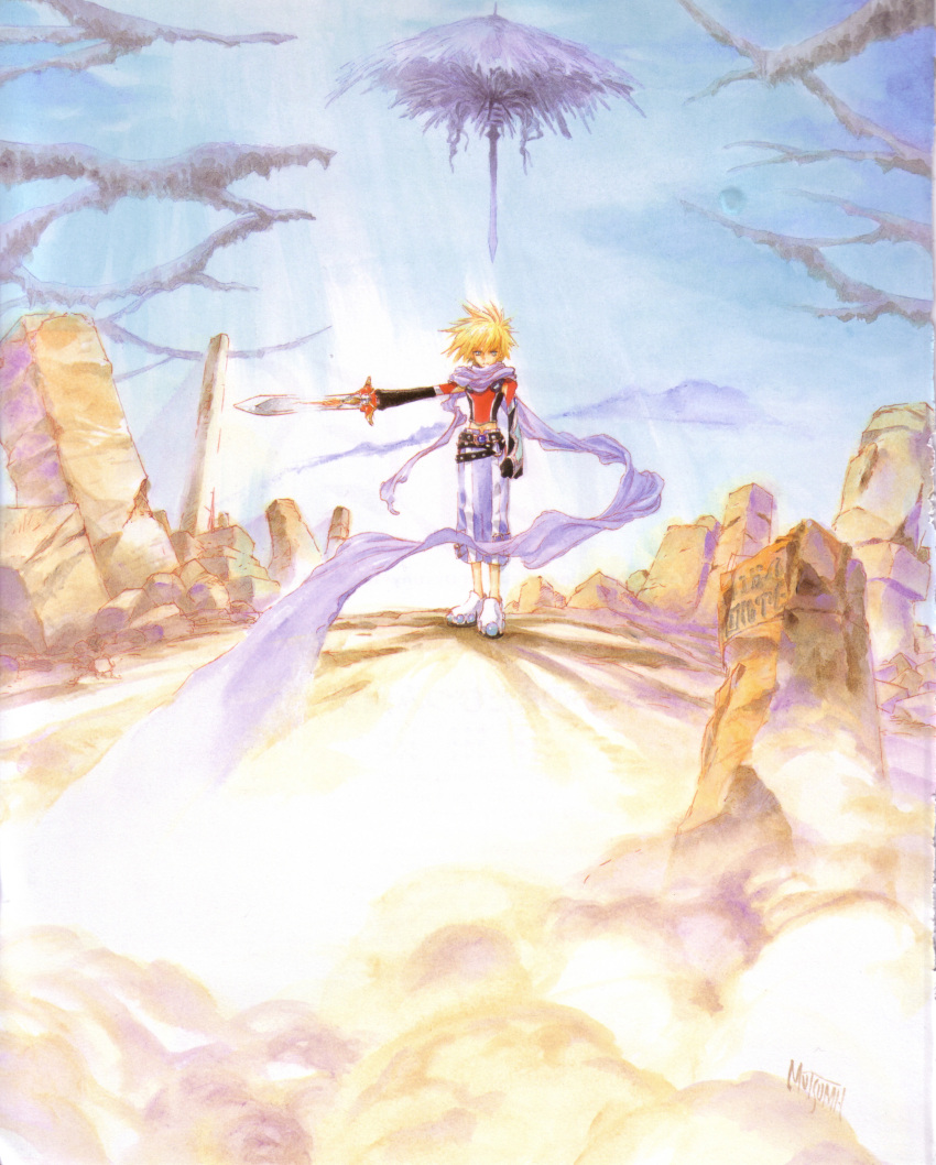 absurdres highres inomata_mutsumi kyle_dunamis male official_art ruins scan solo sword tales_of_(series) tales_of_destiny_2 traditional_media watercolor watercolor_(medium) weapon