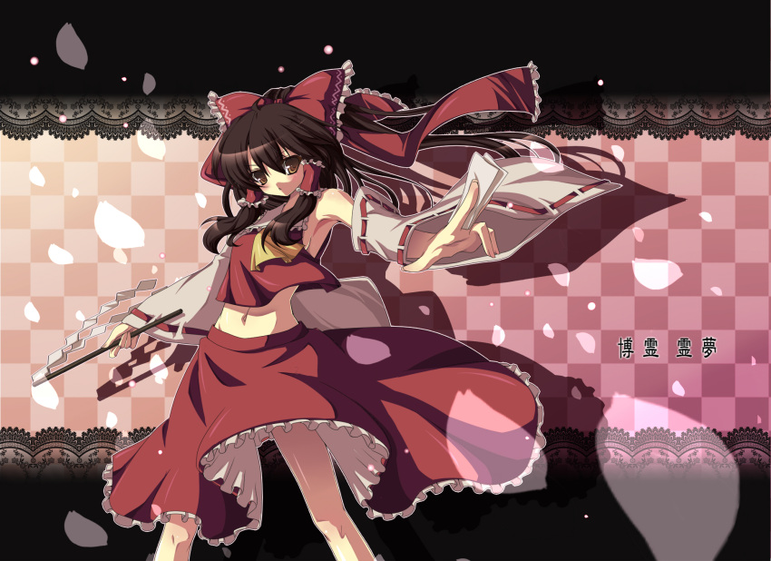 :&lt; bow brown_eyes brown_hair detached_sleeves gohei hair_ribbon hair_ribbons hakurei_reimu highres midriff minoru naval navel petals ponytail ribbon ribbons skirt touhou