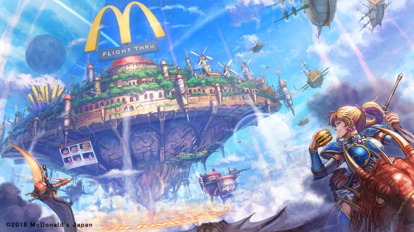 1boy 1girl above_clouds aircraft airship armor blonde_hair blue_sky brown_hair building chains clouds cloudy_sky commentary_request day dinosaur dragon fantasy flag floating_island food gauntlets hamburger holding holding_food horns light_rays long_hair looking_away magic_circle mcdonald's menu_board moon official_art outdoors ponytail pterodactyl rainbow restaurant riding shiki_makoto short_hair sign skirt sky slit_pupils smoke violet_eyes watermark windmill wings