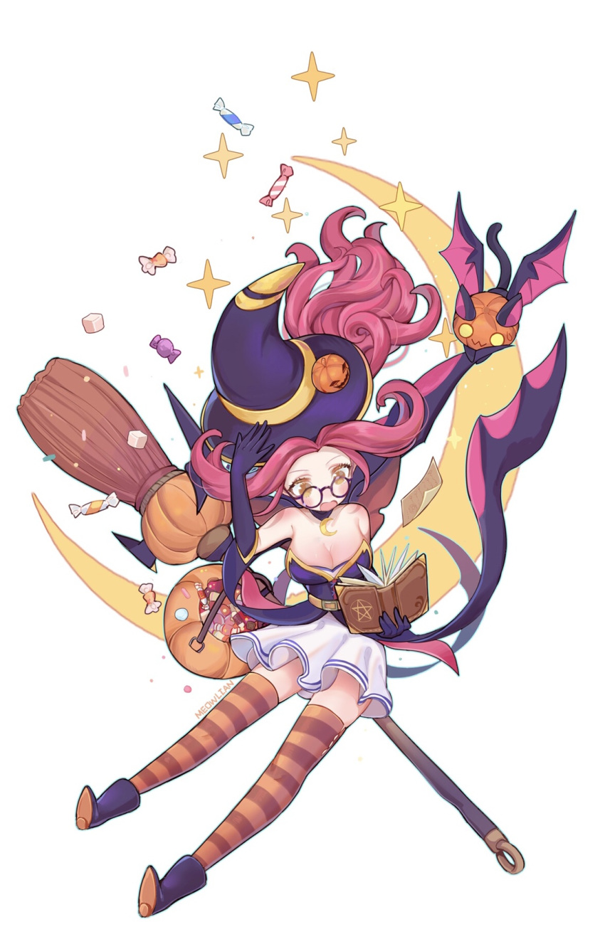 1girl bat_wings bewitching_janna blush book boots broom broom_riding candy cat collar food glasses hat highres holding janna league_of_legends meowlian open_mouth paper pink_hair pumpkin signature skirt striped striped_legwear sweatdrop thigh-highs white_background wings witch_hat yellow_eyes
