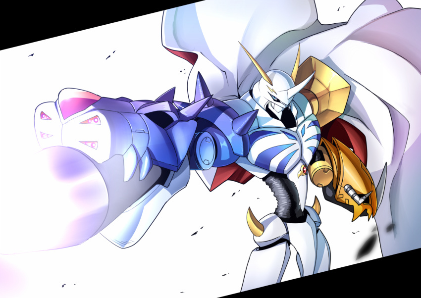 blue_eyes blurry cape commentary_request depth_of_field digimon digimon_adventure digimon_adventure:_bokura_no_war_game hawe_king non-human omegamon simple_background turret white_background wind