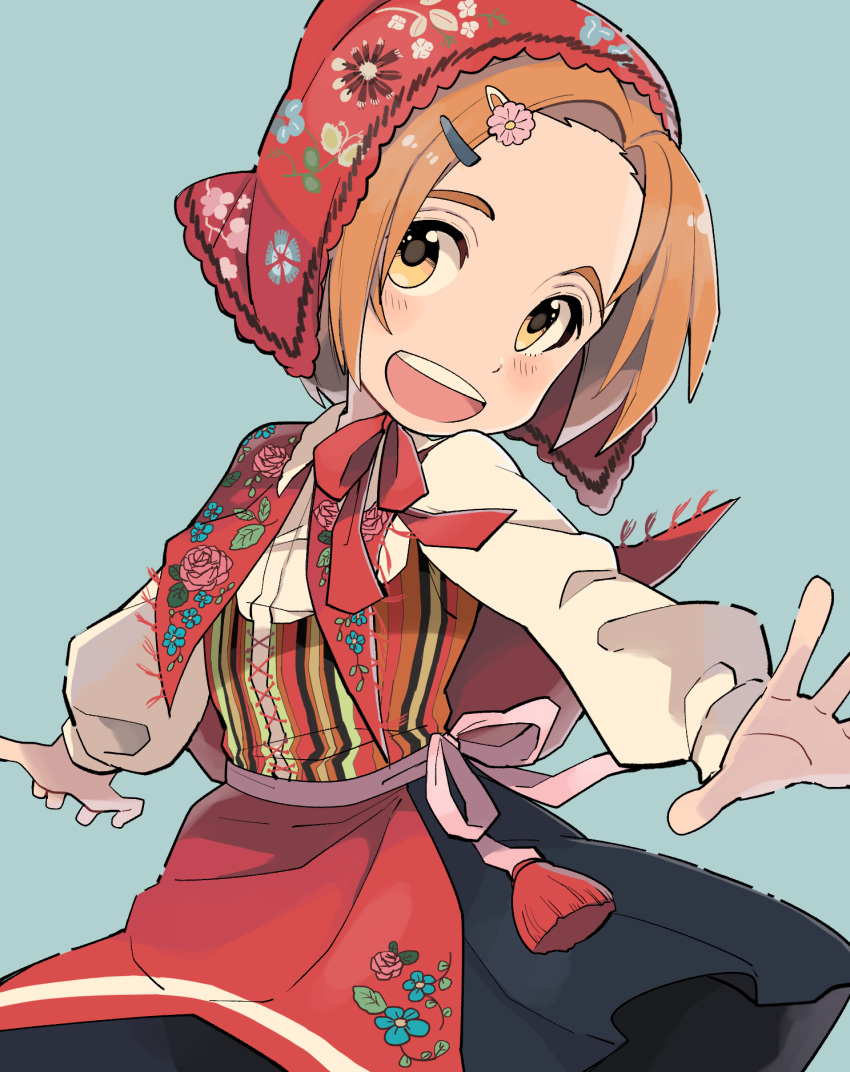 1girl :d ai_nige alternate_costume apron blue_background collared_shirt commentary cross-laced_clothes floral_print flower hair_flower hair_ornament hairclip head_scarf highres idolmaster idolmaster_cinderella_girls kerchief long_sleeves looking_at_viewer open_mouth orange_hair outstretched_arms ryuuzaki_kaoru sash shirt short_hair simple_background skirt smile solo thick_eyebrows traditional_clothes upper_body upper_teeth yellow_eyes