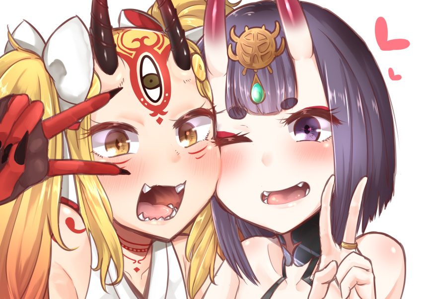 2girls ;d absurdres bangs bare_shoulders blonde_hair blush bow collarbone commentary_request eyebrows_visible_through_hair facial_mark fangs fate/grand_order fate_(series) forehead_mark hair_bow headpiece heart highres horns ibaraki_douji_(fate/grand_order) jewelry long_hair looking_at_viewer makano_mucchi multiple_girls one_eye_closed oni oni_horns open_mouth purple_hair ring short_eyebrows shuten_douji_(fate/grand_order) sidelocks simple_background smile thick_eyebrows two_side_up upper_body v_over_eye violet_eyes white_background white_bow