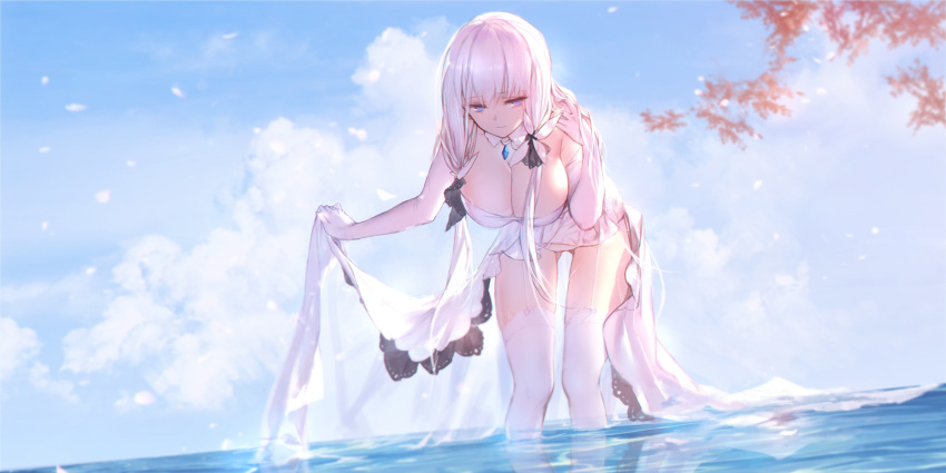 1girl azur_lane backlighting bent_over blue_sky blurry breasts cleavage day depth_of_field dress elbow_gloves eyebrows_visible_through_hair garter_straps gloves highres illustrious_(azur_lane) large_breasts long_hair sidelocks sky solo strapless strapless_dress swd3e2 thigh-highs wading water white_dress white_gloves white_hair white_legwear