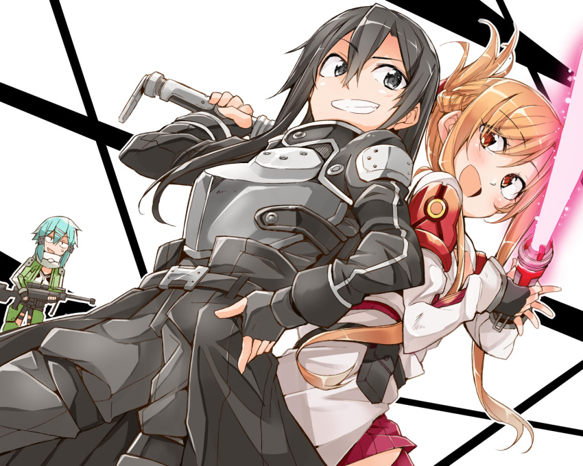1boy 2girls :d armor asuna_(sao) back-to-back bibi black_eyes black_gloves black_hair clenched_teeth commentary_request eyebrows_visible_through_hair fingerless_gloves gloves green_hair gun hand_on_hip highres holding holding_gun holding_weapon kirito_(sao-ggo) long_hair looking_at_another multiple_girls open_mouth orange_hair red_eyes short_hair sinon smile sword sword_art_online teeth trap weapon
