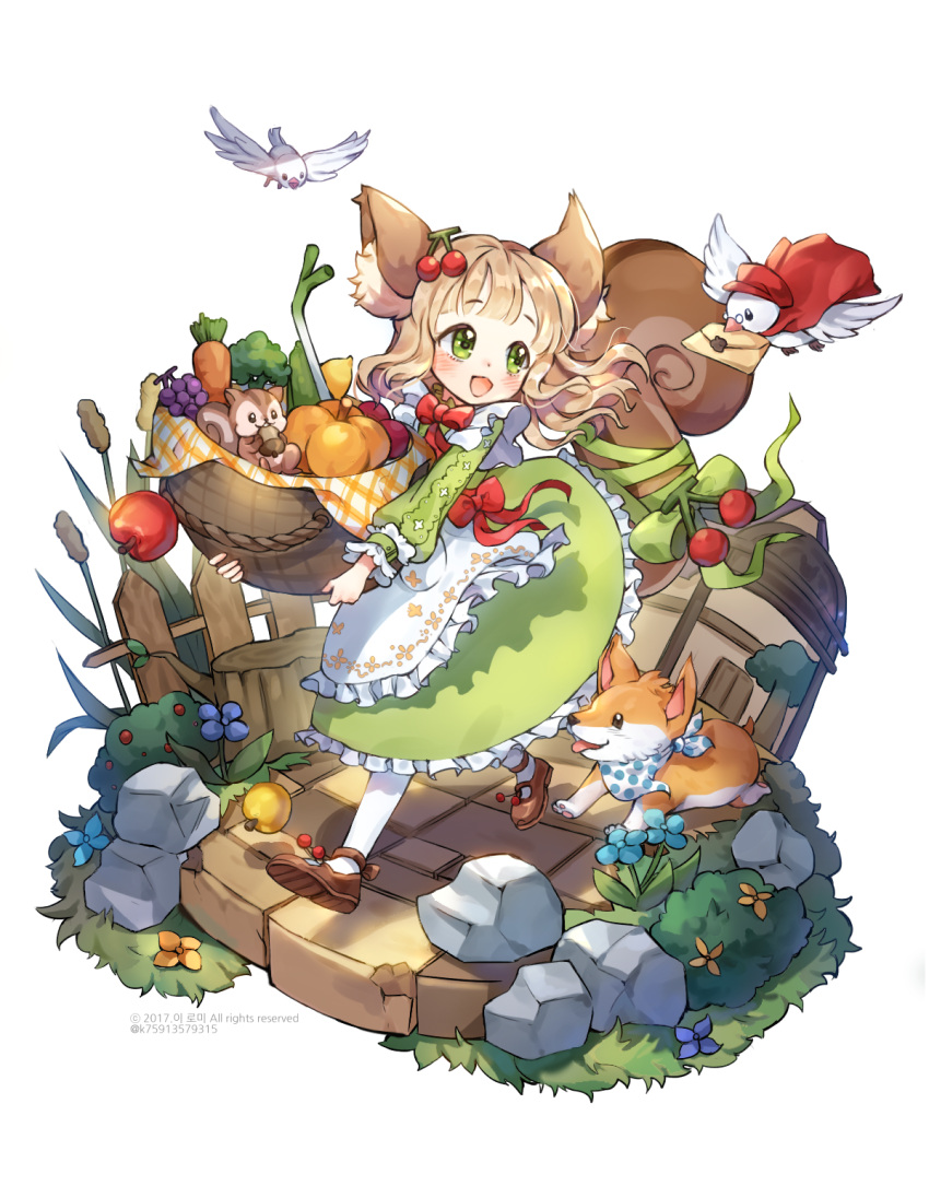 1girl animal animal_ears apron bangs basket bird blunt_bangs blush cherry_hair_ornament commentary dress faux_figurine food_themed_hair_ornament green_dress green_eyes hair_ornament handkerchief highres holding holding_basket lerome light_brown_hair long_hair looking_back original outdoors pantyhose ribbon squirrel squirrel_ears squirrel_girl squirrel_tail tail tail_ribbon welsh_corgi white_legwear