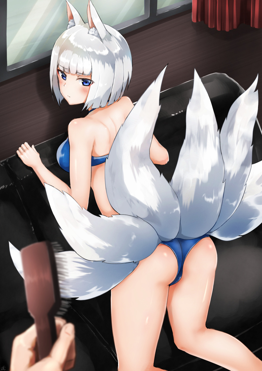 1girl animal_ears ass azur_lane bangs bare_shoulders bikini blue_bikini blue_eyes blunt_bangs blush breasts brush couch curtains eyebrows_visible_through_hair fox_ears fox_tail highres kaga_(azur_lane) kneeling looking_at_viewer looking_back multiple_tails out_of_frame red_curtains short_hair swimsuit tail tosaka0002 underwear white_hair window wooden_floor