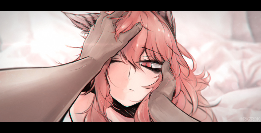 1girl animal_ears bags_under_eyes bed blush cat_ears eyebrows_visible_through_hair girls_frontline hair_between_eyes hand_on_another's_head hands highres long_hair looking_at_viewer messy_hair one_eye_closed out_of_frame persica_(girls_frontline) petting pink_hair red_eyes rkzrok solo_focus tagme