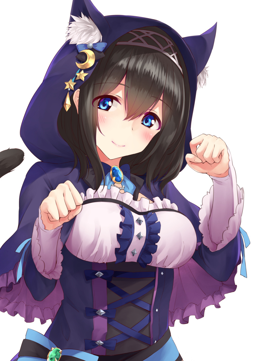 1girl absurdres animal_ear_fluff animal_ears bangs blue_bow blue_eyes blue_neckwear blush bow bowtie brown_hair capelet cat_ears cat_tail center_frills closed_mouth commentary_request corset crescent crescent_moon_pin eyebrows_visible_through_hair fake_animal_ears frilled_capelet frills gem hair_between_eyes hairband hands_up highres hood hooded_capelet idolmaster idolmaster_cinderella_girls lipstick long_hair long_sleeves looking_at_viewer makeup megurumiru paw_pose pink_lips sagisawa_fumika simple_background smile solo tail upper_body white_background