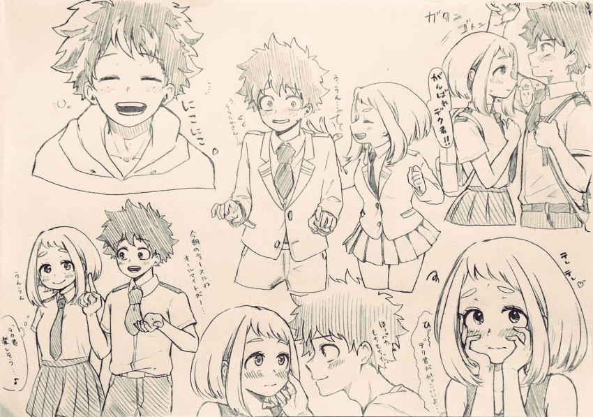 1boy 1girl blazer blush boku_no_hero_academia collarbone collared_shirt embarrassed freckles hand_on_another's_face hands_on_own_cheeks hands_on_own_face highres horoyoi_(kkcp4442) jacket messy_hair midoriya_izuku monochrome multiple_views necktie pleated_skirt school_uniform shirt short_hair sidelocks sketch skirt u.a._school_uniform uraraka_ochako