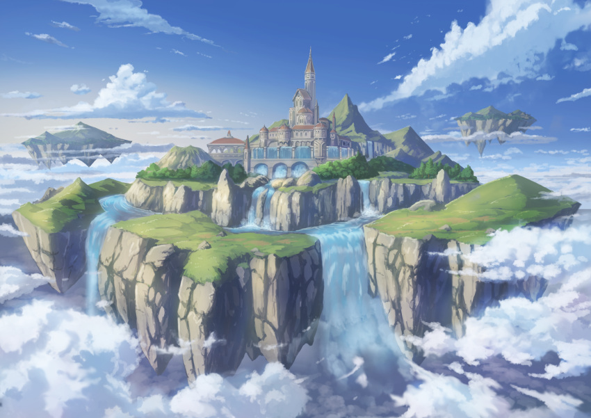 above_clouds blue_sky bridge castle clouds cloudy_sky commentary_request day dome fantasy floating_island forest gradient_sky hasumi_yuuki highres landscape mountain nature no_humans original outdoors river rock scenery sky tower tree water waterfall