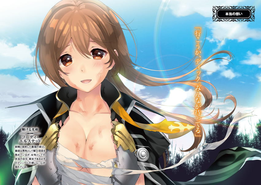 1girl :d blue_sky breastplate breasts brown_eyes brown_hair bruise character_name cleavage clouds collarbone day floating_hair hair_between_eyes highres injury large_breasts long_hair looking_at_viewer maou_toubatsu_shita_ato_medachitakunai_node_guild_master_ni_natta naruse_hirofumi novel_illustration official_art open_mouth outdoors sarashi shiny shiny_hair sky smile solo upper_body