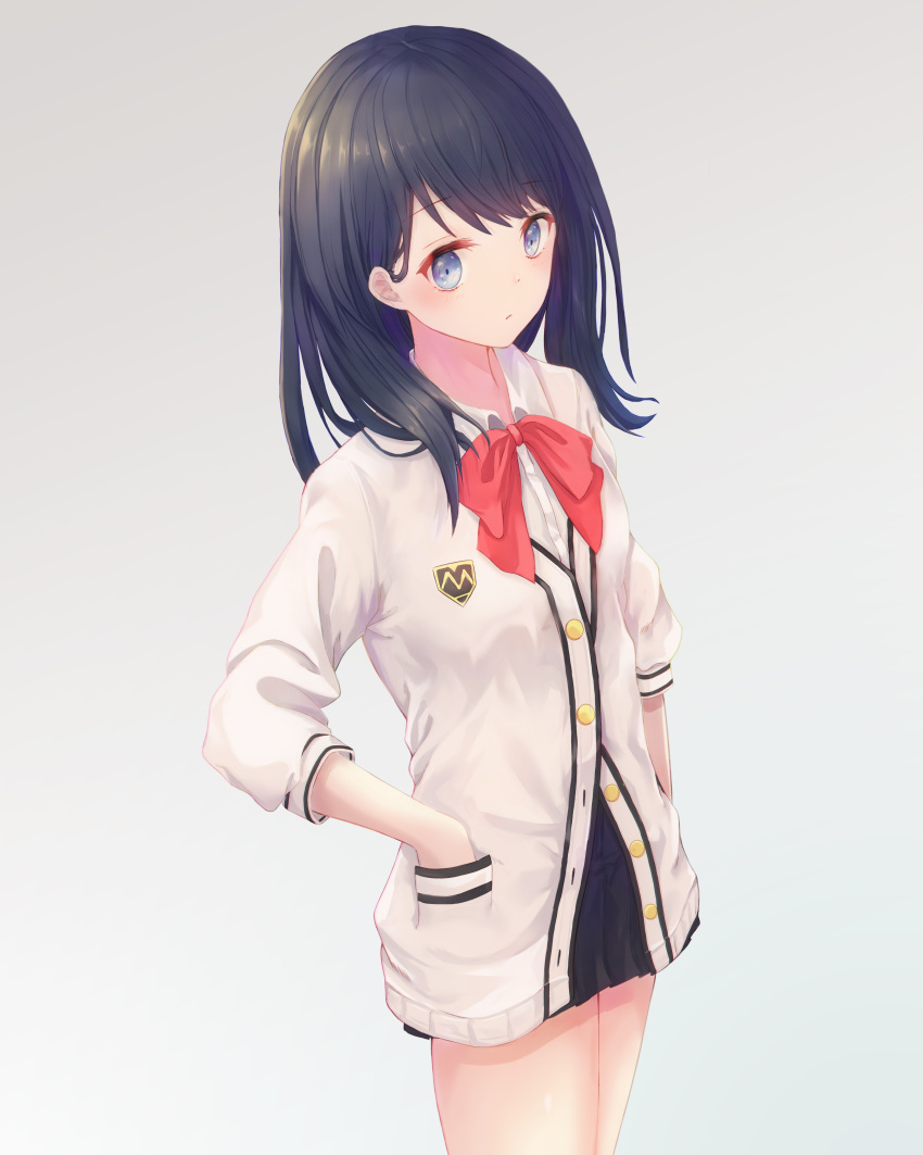 1girl absurdres black_hair blue_eyes blush bow bowtie cardigan cowboy_shot from_above frown gradient gradient_background hands_in_pockets highres keis_(locrian1357) looking_at_viewer looking_to_the_side miniskirt school_uniform skirt solo ssss.gridman takarada_rikka