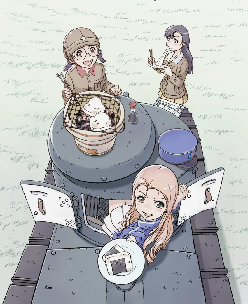 3girls bc_freedom_military_uniform black_hair blush bottle braid chi-hatan_military_uniform collarbone commentary cooking eating from_above ft-17 fukuda_(girls_und_panzer) girls_und_panzer glasses graphite_(medium) grass green_eyes grill grilling ground_vehicle happy hat hat_removed hatch headwear_removed helmet highres light_brown_hair long_hair looking_at_viewer looking_back looking_up marie_(girls_und_panzer) military military_vehicle mochi motor_vehicle multiple_girls nishi_kinuyo open_mouth outstretched_hand plate pleated_skirt shichirin sitting skirt smile soy_sauce tank teeth tongue traditional_media twin_braids uniform yoshikawa_kazunori