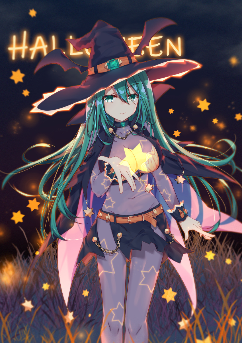 1girl absurdres belt black_skirt bodysuit breasts cape chains commentary commentary_request covered_navel date_a_live emerald green_eyes green_hair hair_between_eyes halloween hand_up hat highres huge_filesize large_breasts long_hair looking_at_viewer mo_(pixiv9929995) natsumi_(date_a_live) orange_belt see-through skin_tight skirt smile solo star star_print starry_background very_long_hair witch witch_hat