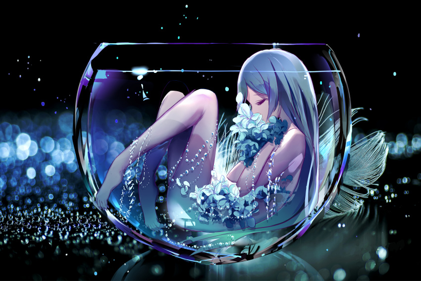 1girl absurdres bangs barefoot black_background blue_flower blue_hair closed_eyes commentary_request cup drinking_glass fallen_heaven flower from_side hair_between_eyes hands_up highres knees_up long_hair nude original partially_submerged profile solo transparent very_long_hair water
