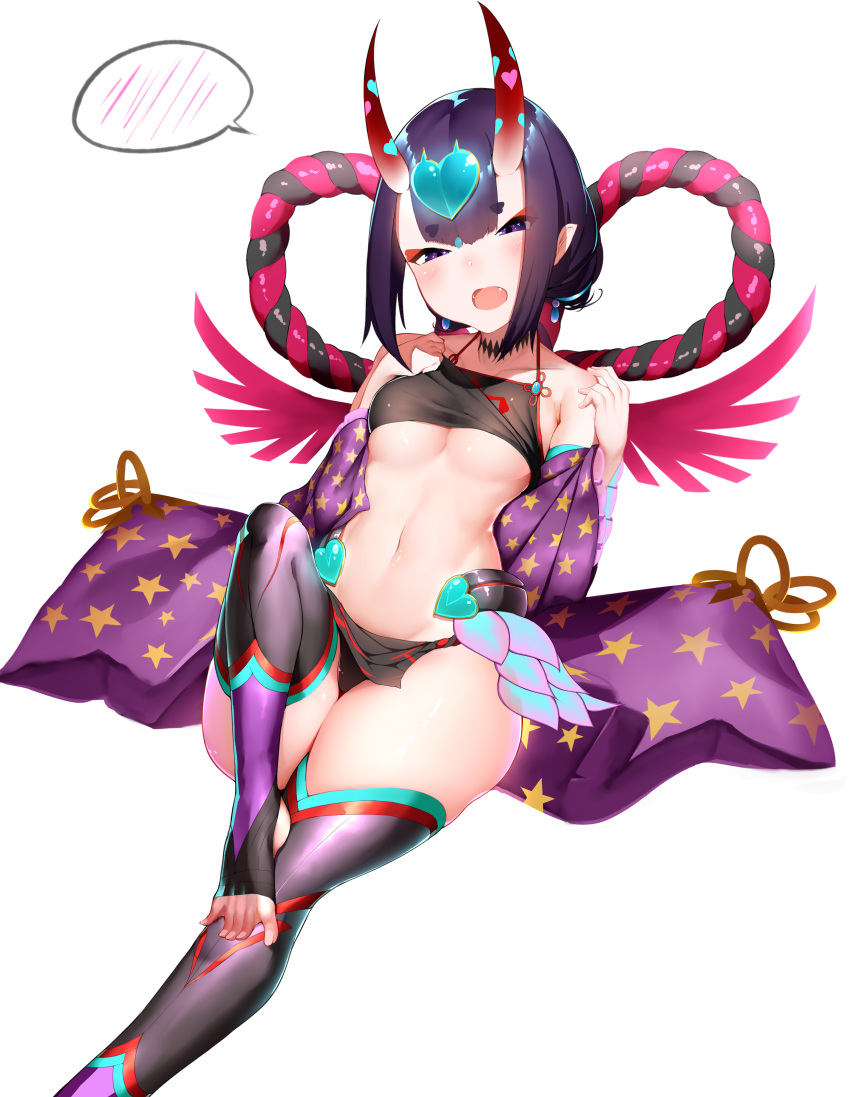 1girl absurdres blush boruhis breasts fangs fate/grand_order fate_(series) highres horns looking_at_viewer medium_breasts midriff navel oni oni_horns open_mouth purple_hair rope shimenawa short_hair shuten_douji_(fate/grand_order) simple_background solo spoken_blush star star_print thigh-highs under_boob violet_eyes white_background