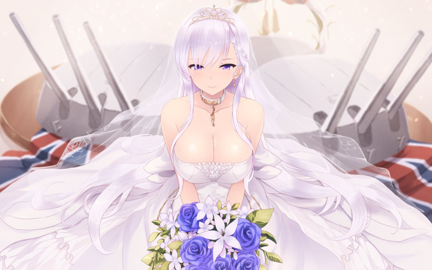 1girl azur_lane bangs belfast_(azur_lane) blue_eyes blurry blurry_background blush bouquet braid breasts bridal_veil bride cait cannon cleavage collar collarbone dress earrings eyebrows_visible_through_hair flower french_braid gloves gold gold_trim highres holding holding_bouquet jewelry large_breasts long_hair looking_at_viewer machinery maid_headdress rigging sidelocks silver_collar silver_hair sitting smile solo strapless strapless_dress tiara union_jack veil wedding_dress white_dress